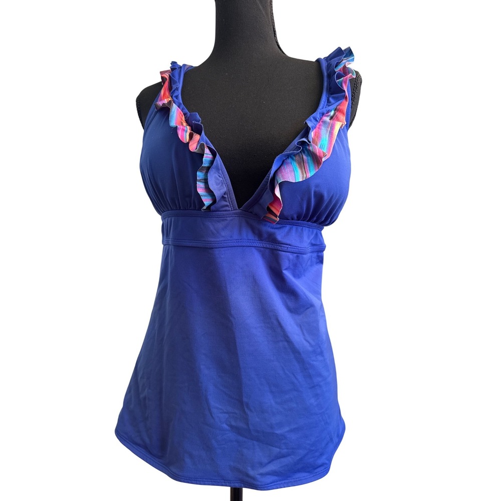 Cole of California Royal Blue Ruffle V-Neck Tankini Swim Top XL Cross Back Tie